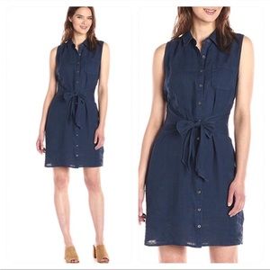 Women's 100% linen - Three dots - navy shirt dress with tie waist. Small.